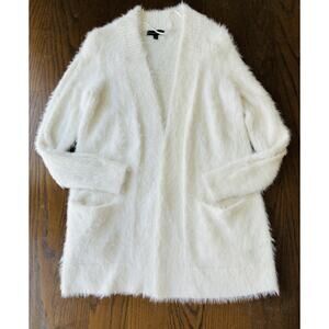 Banana Republic Cardigan Sweater Small Ivory Soft Fuzzy Knit Open Front Pockets